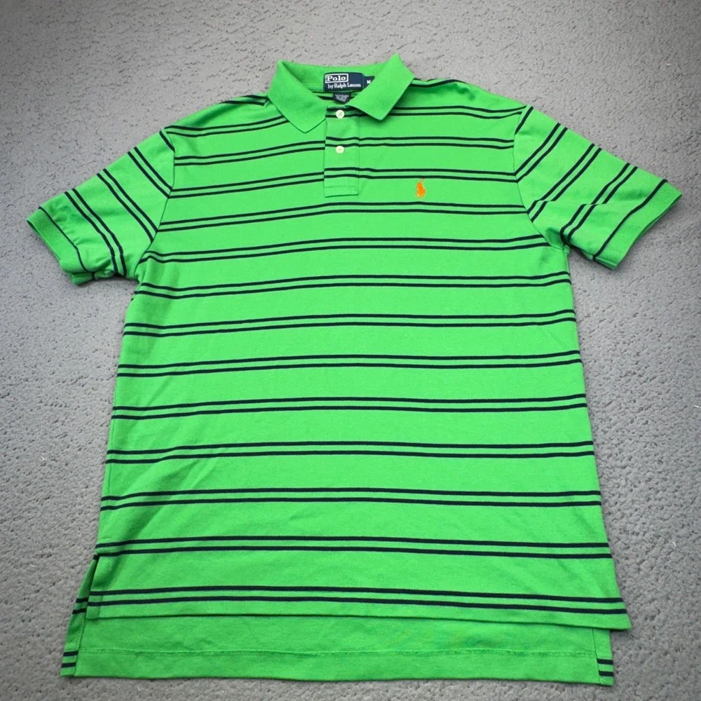 Ralph Lauren Polo Shirt Mens Medium Green Striped Orange Pony Preppy Casual